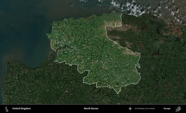 Kuzey Devon. Birleşik Krallık 'ın idari alanı karartılmış bir uydu üzerinde vurgulanmış ve özetlenmiştir.