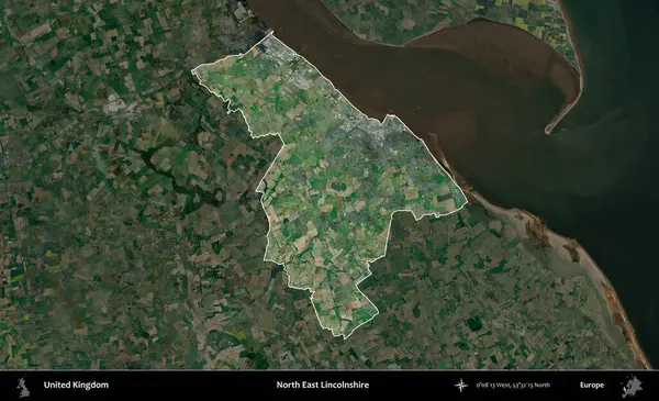 Kuzey Doğu Hughnshire. Birleşik Krallık 'ın idari alanı karartılmış bir uydu üzerinde vurgulanmış ve özetlenmiştir.