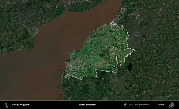 Kuzey Somerset. Birleşik Krallık 'ın idari alanı karartılmış bir uydu üzerinde vurgulanmış ve özetlenmiştir.
