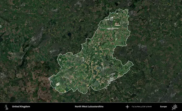 Kuzey Batı Leicestershire. Birleşik Krallık 'ın idari alanı karartılmış bir uydu üzerinde vurgulanmış ve özetlenmiştir.