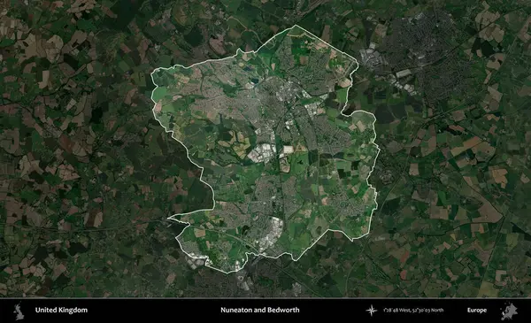 Nuneaton ve Bedworth. Birleşik Krallık 'ın idari alanı karartılmış bir uydu üzerinde vurgulanmış ve özetlenmiştir.