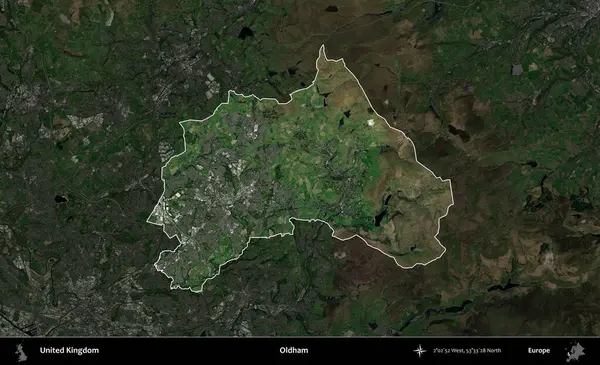 Oldham. Birleşik Krallık 'ın idari alanı karartılmış bir uydu üzerinde vurgulanmış ve özetlenmiştir.