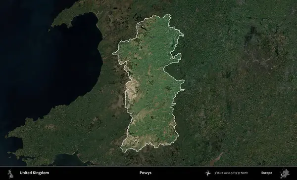Powys. Birleşik Krallık 'ın idari alanı karartılmış bir uydu üzerinde vurgulanmış ve özetlenmiştir.