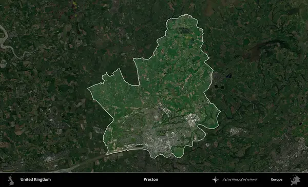 Preston. Birleşik Krallık 'ın idari alanı karartılmış bir uydu üzerinde vurgulanmış ve özetlenmiştir.