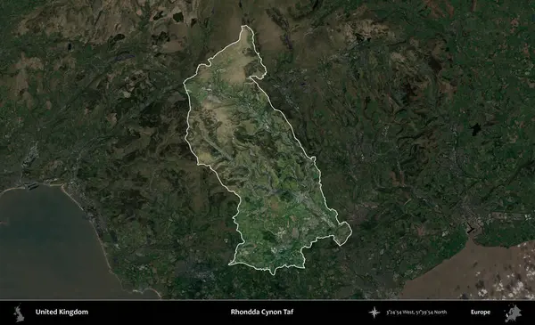 Rhondda Cynon Taf. Birleşik Krallık 'ın idari alanı karartılmış bir uydu üzerinde vurgulanmış ve özetlenmiştir.