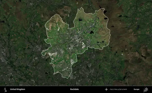 Rochdale 'de. Birleşik Krallık 'ın idari alanı karartılmış bir uydu üzerinde vurgulanmış ve özetlenmiştir.