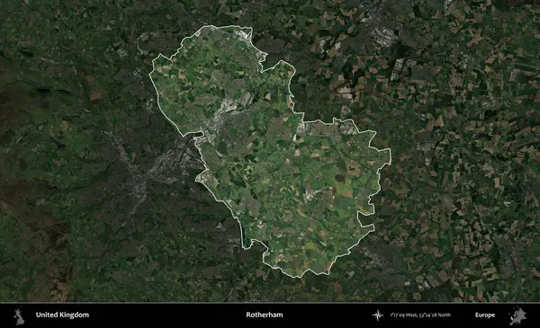Rotherham. Birleşik Krallık 'ın idari alanı karartılmış bir uydu üzerinde vurgulanmış ve özetlenmiştir.