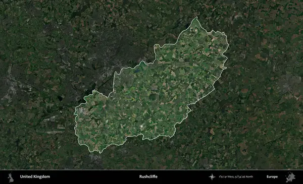 Rushcliffe. Birleşik Krallık 'ın idari alanı karartılmış bir uydu üzerinde vurgulanmış ve özetlenmiştir.