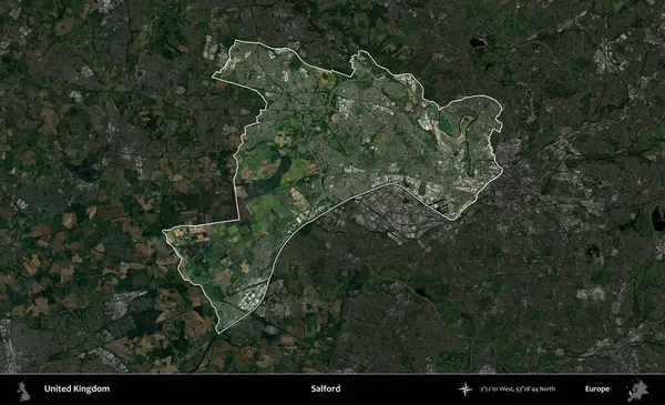 Salford. Birleşik Krallık 'ın idari alanı karartılmış bir uydu üzerinde vurgulanmış ve özetlenmiştir.