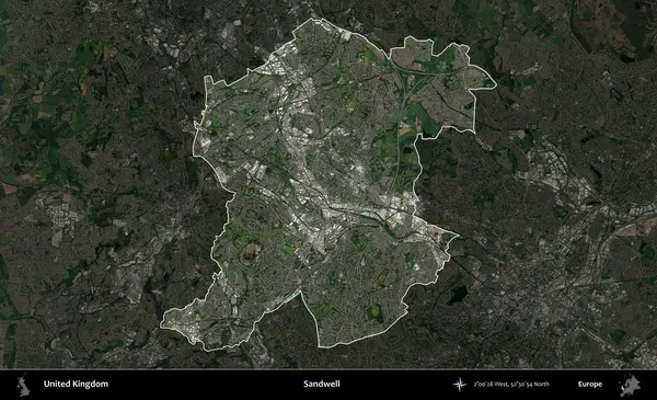 Sandwell. Birleşik Krallık 'ın idari alanı karartılmış bir uydu üzerinde vurgulanmış ve özetlenmiştir.