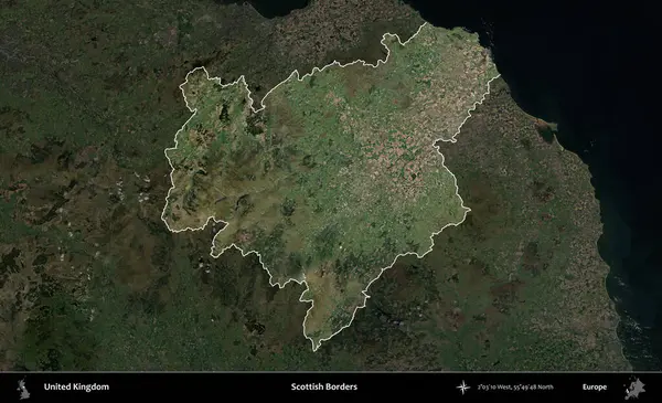 İskoç Sınırı. Birleşik Krallık 'ın idari alanı karartılmış bir uydu üzerinde vurgulanmış ve özetlenmiştir.