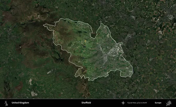 Sheffield. Birleşik Krallık 'ın idari alanı karartılmış bir uydu üzerinde vurgulanmış ve özetlenmiştir.