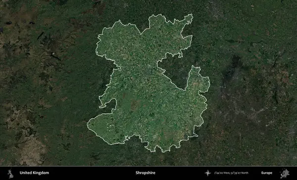 Shropshire 'da. Birleşik Krallık 'ın idari alanı karartılmış bir uydu üzerinde vurgulanmış ve özetlenmiştir.