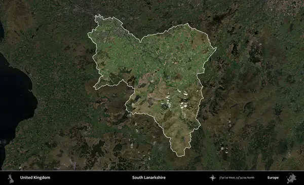 Güney Lanarkshire. Birleşik Krallık 'ın idari alanı karartılmış bir uydu üzerinde vurgulanmış ve özetlenmiştir.
