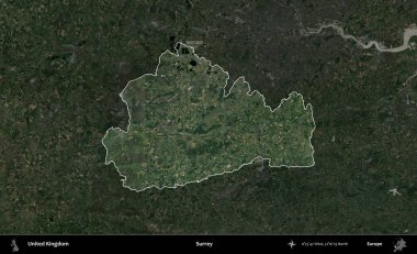Surrey. Birleşik Krallık 'ın idari alanı karartılmış bir uydu üzerinde vurgulanmış ve özetlenmiştir.