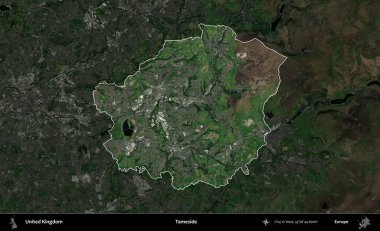 Tameside 'da. Birleşik Krallık 'ın idari alanı karartılmış bir uydu üzerinde vurgulanmış ve özetlenmiştir.