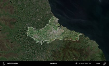 Tees Valley 'de. Birleşik Krallık 'ın idari alanı karartılmış bir uydu üzerinde vurgulanmış ve özetlenmiştir.