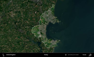 Torbay. Birleşik Krallık 'ın idari alanı karartılmış bir uydu üzerinde vurgulanmış ve özetlenmiştir.