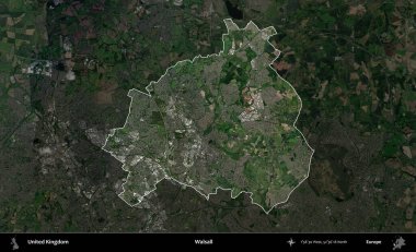 Walsall. Birleşik Krallık 'ın idari alanı karartılmış bir uydu üzerinde vurgulanmış ve özetlenmiştir.