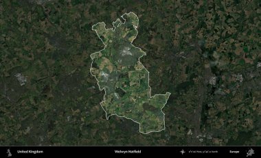 Welwyn Hatfield. Birleşik Krallık 'ın idari alanı karartılmış bir uydu üzerinde vurgulanmış ve özetlenmiştir.