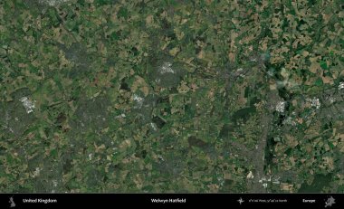 Welwyn Hatfield. Birleşik Krallık 'ın idari alanı bir uydu görüntüsü üzerinde