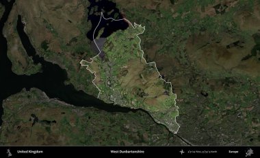 Batı Dunbartonshire. Birleşik Krallık 'ın idari alanı karartılmış bir uydu üzerinde vurgulanmış ve özetlenmiştir.