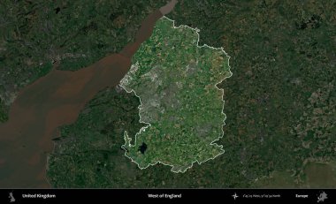 İngiltere 'nin batısında. Birleşik Krallık 'ın idari alanı karartılmış bir uydu üzerinde vurgulanmış ve özetlenmiştir.