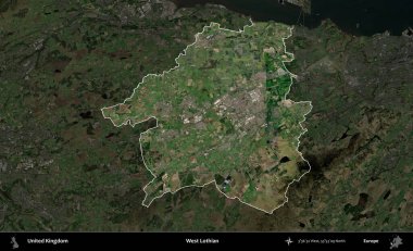 Batı Lothian. Birleşik Krallık 'ın idari alanı karartılmış bir uydu üzerinde vurgulanmış ve özetlenmiştir.
