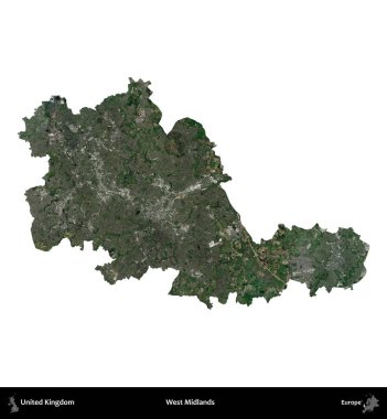 Batı Midlands. Birleşik Krallık 'ın idari alanı uydudan beyaza izole edildi.