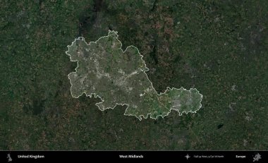 Batı Midlands. Birleşik Krallık 'ın idari alanı karartılmış bir uydu üzerinde vurgulanmış ve özetlenmiştir.