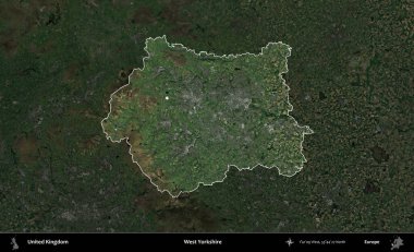 Batı Yorkshire. Birleşik Krallık 'ın idari alanı karartılmış bir uydu üzerinde vurgulanmış ve özetlenmiştir.