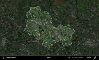 Wigan. Birleşik Krallık 'ın idari alanı karartılmış bir uydu üzerinde vurgulanmış ve özetlenmiştir.