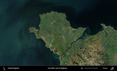 Ynys Mn Adası, Anglesey. Birleşik Krallık 'ın idari alanı bir uydu görüntüsü üzerinde