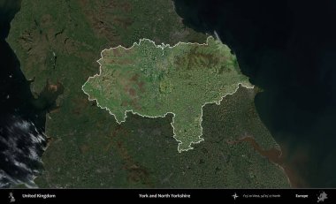 York ve Kuzey Yorkshire. Birleşik Krallık 'ın idari alanı karartılmış bir uydu üzerinde vurgulanmış ve özetlenmiştir.