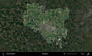 Darlington. Birleşik Krallık 'ın idari alanı karartılmış bir uydu üzerinde vurgulanmış ve özetlenmiştir.