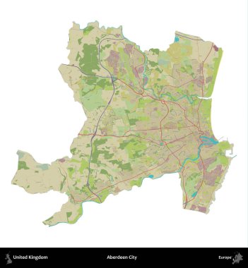 Aberdeen Şehri. Birleşik Krallık 'ın idari alanı bir OpenStreetMap İnsani Harita stili haritasında beyaza izole edildi