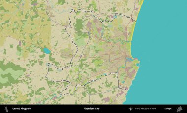 Aberdeen Şehri. Birleşik Krallık 'ın bir OpenStreetMap İnsani Biçim haritasında özetlenmiş idari alanı