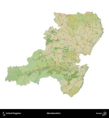 Aberdeenshire 'da. Birleşik Krallık 'ın idari alanı bir OpenStreetMap İnsani Harita stili haritasında beyaza izole edildi