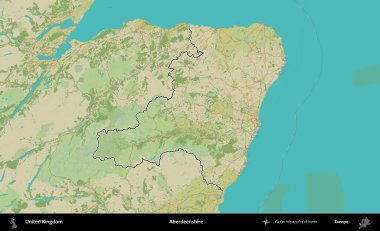 Aberdeenshire 'da. Birleşik Krallık 'ın bir OpenStreetMap İnsani Biçim haritasında özetlenmiş idari alanı