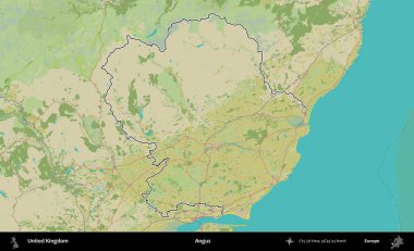 Angus. Birleşik Krallık 'ın bir OpenStreetMap İnsani Biçim haritasında özetlenmiş idari alanı