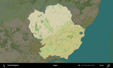 Angus. Birleşik Krallık 'ın idari alanı karanlık bir OpenStreetMap İnsani Haritası biçiminde vurgulanmış ve özetlenmiştir