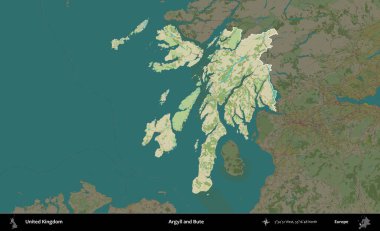Argyll ve Bute. Birleşik Krallık 'ın idari alanı karanlık bir OpenStreetMap İnsani Haritası biçiminde vurgulanmış ve özetlenmiştir