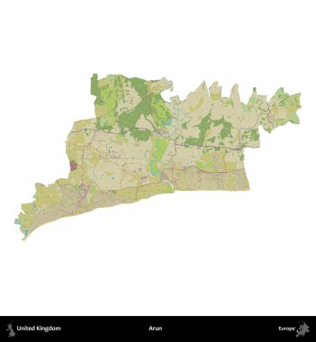 Arun. Birleşik Krallık 'ın idari alanı bir OpenStreetMap İnsani Harita stili haritasında beyaza izole edildi