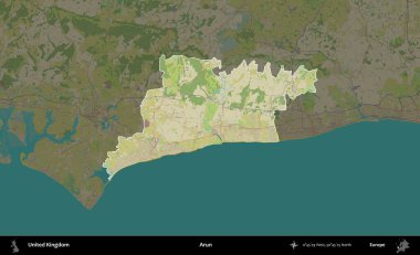 Arun. Birleşik Krallık 'ın idari alanı karanlık bir OpenStreetMap İnsani Haritası biçiminde vurgulanmış ve özetlenmiştir