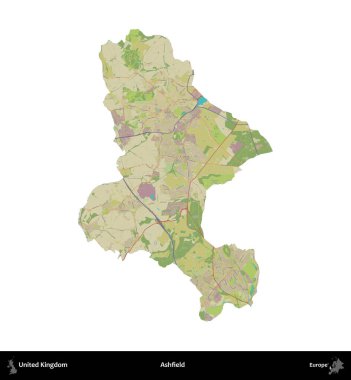 Ashfield. Birleşik Krallık 'ın idari alanı bir OpenStreetMap İnsani Harita stili haritasında beyaza izole edildi