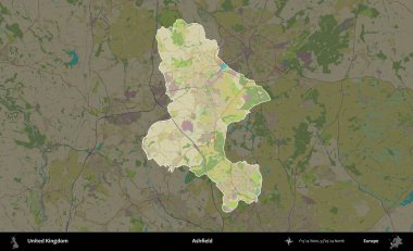Ashfield. Birleşik Krallık 'ın idari alanı karanlık bir OpenStreetMap İnsani Haritası biçiminde vurgulanmış ve özetlenmiştir