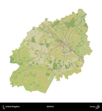 Ashford. Birleşik Krallık 'ın idari alanı bir OpenStreetMap İnsani Harita stili haritasında beyaza izole edildi