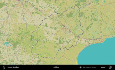 Ashford. Birleşik Krallık 'ın bir OpenStreetMap İnsani Biçim haritasında özetlenmiş idari alanı