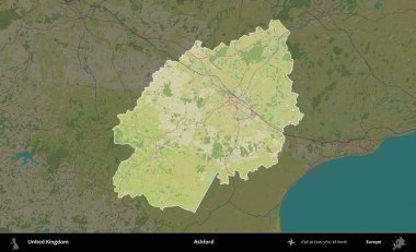 Ashford. Birleşik Krallık 'ın idari alanı karanlık bir OpenStreetMap İnsani Haritası biçiminde vurgulanmış ve özetlenmiştir