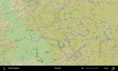 Barnsley. Birleşik Krallık 'ın bir OpenStreetMap İnsani Biçim haritasında özetlenmiş idari alanı